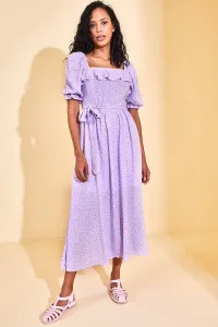 XHAN Dámske fialové vzorované šaty so štvorcovým golierom #8623942