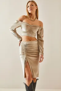 XHAN Beige Gathered Detail Slit Velvet Midi Skirt