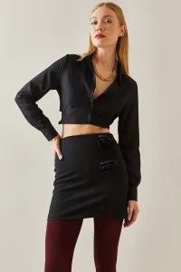 XHAN Black Rose Detailed & Slit Mini Skirt #8852766