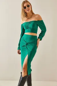 XHAN Green Bow Detailed Slit Midi Skirt