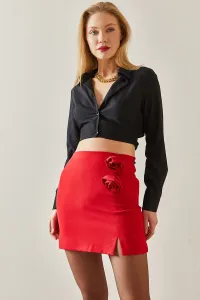 XHAN Red Rose Detailed & Slit Mini Skirt