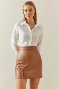 XHAN Tan High Waist Slit Leather Look Mini Skirt
