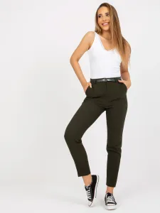 Tmavé khaki elegantné látkové nohavice pre ženy so zipsom a opaskom - 34