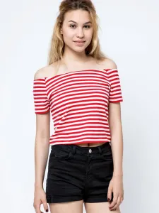 Short blouse with carmen neckline white with red stripes #8051230