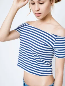 Short blouse with neckline carmen white with navy stripes #7942229