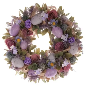 Veľkonočný veniec s ružami a vajíčkami fialová, pr. 30 cm