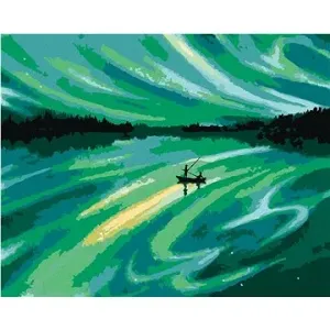 Plávajúca loďka a zelená vesmírna obloha, 80 × 100 cm, plátno napnuté na rám