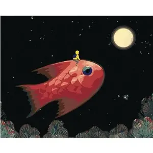 Chlapec s rybou mieriacou na mesiac, 80×100 cm, vypnuté plátno na rám