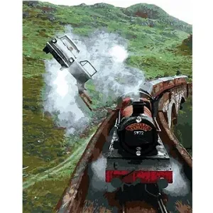 Harry Potter visí z letiaceho auta a Rokfortský express, 40×50 cm, bez rámu a bez vypnutia plátna