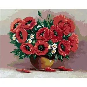 Maľovanie podľa čísel – Červené kvety v hnedej váze