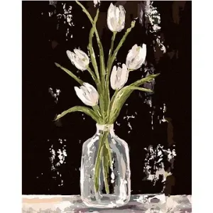 Biele tulipány v sklenenej váze (Haley Bush), 80 × 100 cm, plátno napnuté na rám