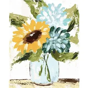 Hortenzie a slnečnice vo váze (Haley Bush), 80×100 cm, vypnuté plátno na rám