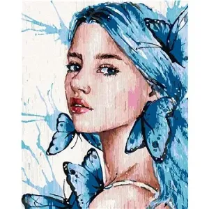 Dievča s modrými vlasmi a motýľmi, 40×50 cm, bez rámu a bez vypnutia plátna