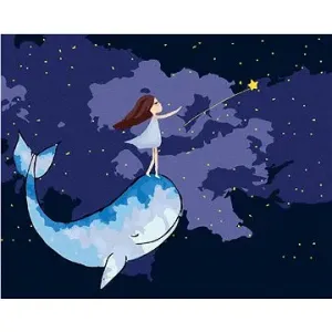 Dievča s veľrybou na nočnej oblohe, 40×50 cm, bez rámu a bez vypnutia plátna
