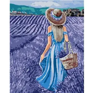 Žena v modrých šatách v levanduľovom poli, 80×100 cm, bez rámu a bez vypnutia plátna