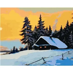 Zrub v zimnom lese a západ slnka, 40 × 50 cm, plátno napnuté na rám