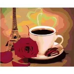 Maľovanie podľa čísel – Biela šálka kávy s ružou a Eiffelovkou