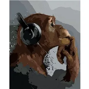 Šimpanz počúvajúci hudbu, 80 × 100 cm, plátno napnuté na rám