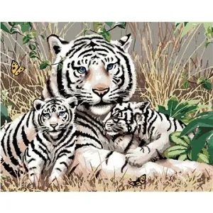 Maľovanie podľa čísel – Biely tiger a mláďatá v tráve (Howard Robinson)