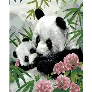 Maľovanie podľa čísel - Panda s mláďaťom a ružové kvety (Howard Robinson)